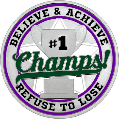 Dark Green "Champs!" with Purple Outer Circular Borders